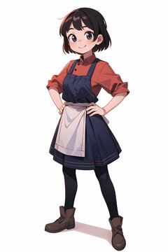 An anime-cartoon illustration of a young girl kitchen staff on white background