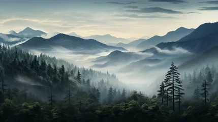 Fotobehang Photo realistic illustration of mountains forest fog morning mystic with generate Ai  © GraphyPix
