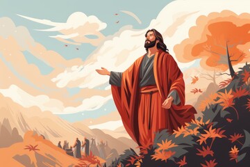 Jesus in a red robe standing on a hill. Digital image. Jesus preaching.