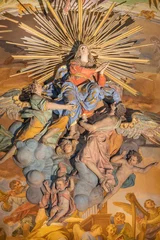 Tuinposter VARALLO, ITALY - JULY 17, 2022: The carved baroque sculptural group of Assumption on the main altar in the church Basilica del Sacro Monte by Dionigi Bussola (17. cent.). © Renáta Sedmáková