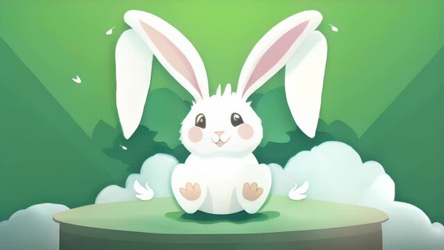 A cheerful white bunny with a pair of green wings sprouting from its ears. cute children creature