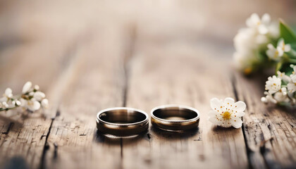 Obraz na płótnie Canvas Wedding rings on wood with generative ai illustration copy space