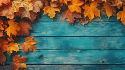 autumn maple leaves on a wooden background, painted in turquoise color, with free space for insertion. Generative Ai.