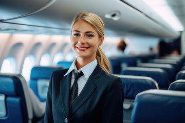 Fototapeta na wymiar Beautiful female stewardess at work on the airplane