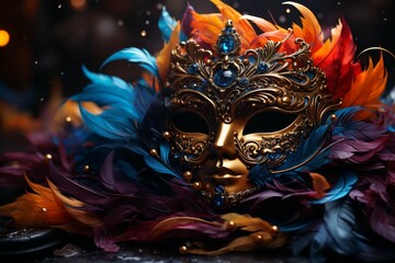 Extravagant Mardi Gras mask combines neural network imagery, confetti, and opulent feathers Generative AI