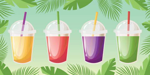 Set of tropical cocktails. Summer non alcoholic holiday and beach party drinks. Orange or pineapple juice, watermelone lemonade, blueberry lemonade, kiwi juice . Vector illustration.