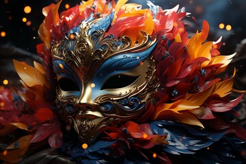 Vibrant masquerade mask dazzles with neural network elements, confetti, and shimmering feathers Generative AI