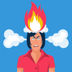 Burning head. Tired woman with fire on his head. Fire in your hair. Tired businesswoman, brain explosion. Vector illustration flat design. Isolated on white background.
