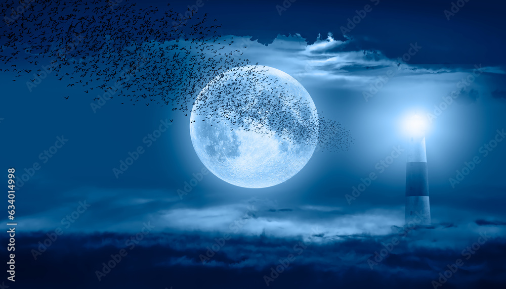 Poster flock of starlings migrating to the moon with lighthouse - silhouette of flock birds flying with ful