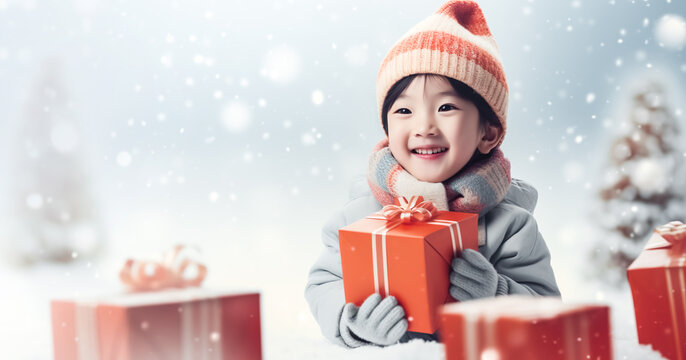 Cute asia boy with luxury gift box present in snow falling.happy new year and celebration festival.generative ai images
