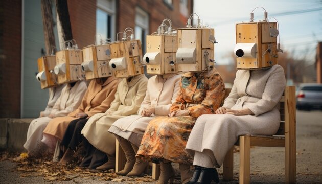 Grandmothers with boxes on their heads are relaxing at the resort, zombified people are talking about politics and fake news. Made in AI.