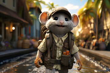 Cute mouse with backpack and binoculars in the city. Traveler rat. Traveler mouse.  3d illustration.
