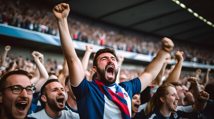 French fan, emotions overwhelm. Supporters cheer in bleacher in French rugby match 2023.