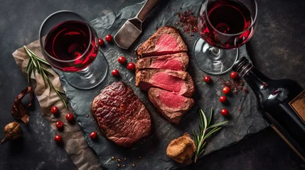 Poster Dinner for two .Various degrees of roasted beef steak in the shape of a heart with spices and bottles of red wine with glasses on a stone background. valentines day celebration concept © Ziyan Yang