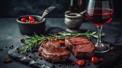 Dinner for two .Various degrees of roasted beef steak in the shape of a heart with spices and bottles of red wine with glasses on a stone background. valentines day celebration concept - obrazy, fototapety, plakaty