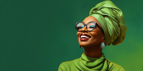 black woman with turban and sunglasses in front of a green background with copy space for advertisment - obrazy, fototapety, plakaty