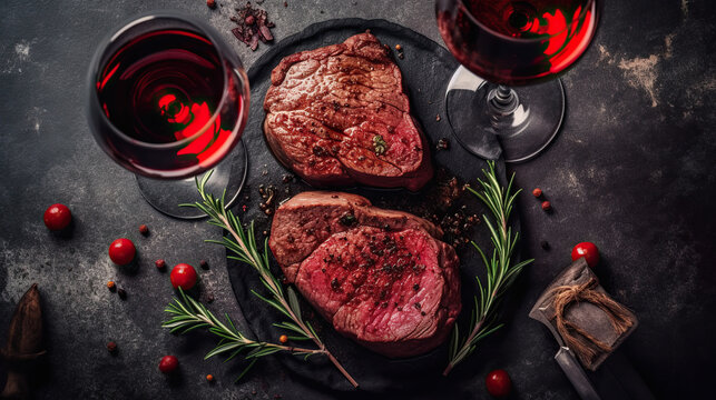 Dinner for two .Various degrees of roasted beef steak in the shape of a heart with spices and bottles of red wine with glasses on a stone background. valentines day celebration concept