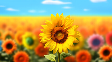 Friendship and tolerance concept. To be yourself, to be unique. Field of ordinary sunflowers and one colorful sunflower