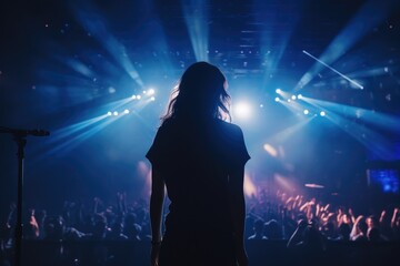 At a concert, there is a man who is standing in front of the crowd - obrazy, fototapety, plakaty