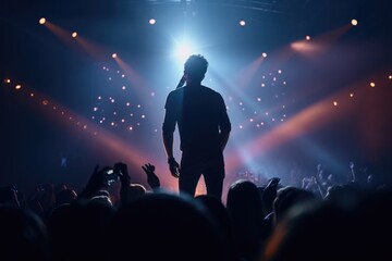 Fototapeta na wymiar At a concert, there is a man who is standing in front of the crowd