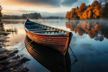 Unveiling Serenity: Solitary Boat's Passage on Tranquil Lake, Focus on Reflections and Ripples Generative AI