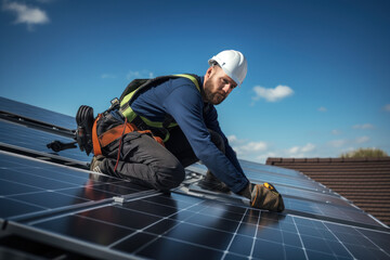 of a technician installing solar cells on the roof of a house