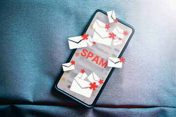 Top lay photo of smartphone with hologram mail spam concept. Communication business technology....