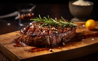 Rib Eye Steak on Wooden Plank. Generative AI