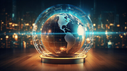 3D holographic globe and futuristic icons on a light background