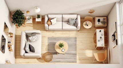 A charming presentation of Scandinavian decorative interior design in a top view layout, utilizing neutral colors to convey a sense of coziness and providing ample space for text. Generative AI. 