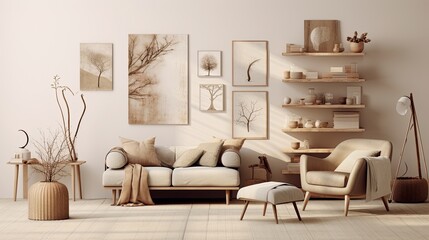 An exquisite display featuring Scandinavian-inspired decor elements in warm neutrals, creating a serene and inviting background with negative space that's perfect for text integration. Generative AI. 