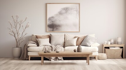 An elegant scene showcasing a blend of Scandinavian decor elements in soothing neutral hues, creating a harmonious backdrop with negative space perfect for text placement. Interior design. GeneratedAI