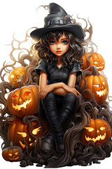 Halloween pumpkin with fairy girl seating on top clip art in cartoon style