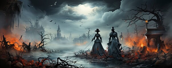Obraz premium Wedding couple in medieval costumes with vampire style make up standing in the dark, Halloween theme.