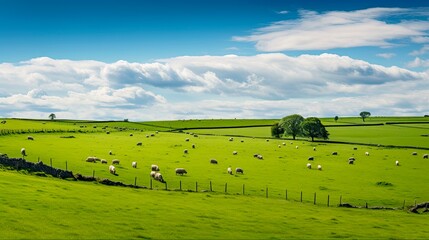 Beautiful Panoramic View of Rolling Irish Green Farm Fields with Grazing Cows and Sheep in New Grange, County Meath. Generative AI - obrazy, fototapety, plakaty