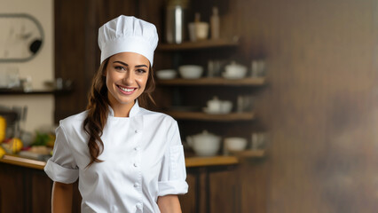Female chef wearing a white uniform smiling friendly, for background with copy space for text - obrazy, fototapety, plakaty