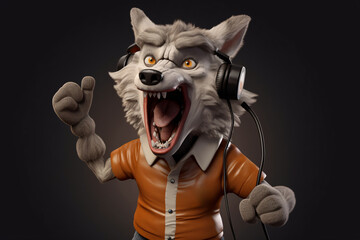 Funny angry wolf  with headphones listening to music. 3d illustration