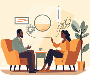 Mental health therapy notion. Female patient in a psychologists setting. Discussing with a psychiatrist while seated. Addressing stress, dependencies, and psychological issues. Vector. - obrazy, fototapety, plakaty