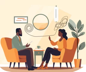 Mental health therapy notion. Female patient in a psychologists setting. Discussing with a psychiatrist while seated. Addressing stress, dependencies, and psychological issues. Vector. © YustynaOlha