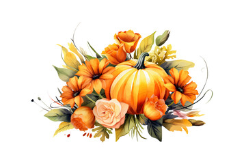 Autumn card with orange pumpkins and yellow flowers. Vector illustration. Generated AI