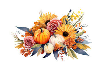 Obraz na płótnie Canvas Autumn card with orange pumpkins and yellow flowers. Vector illustration. Generated AI