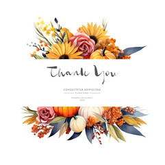 Autumn card with orange pumpkins and yellow flowers. Vector illustration. Generated AI