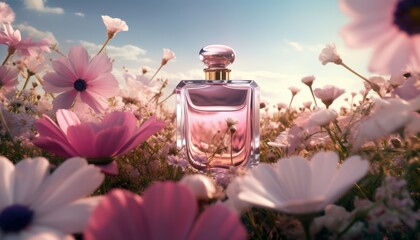 a bottle of perfume surrounded by pink flowers and daisies in a field of pink and white flowers with a blue sky in the background