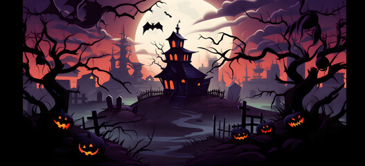 Haunted House Under a Full Moon halloween art Illustration 