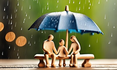 Glückkliche Familie im Regen unter einem Regenschirm - symbolik für Schutz und glück - obrazy, fototapety, plakaty