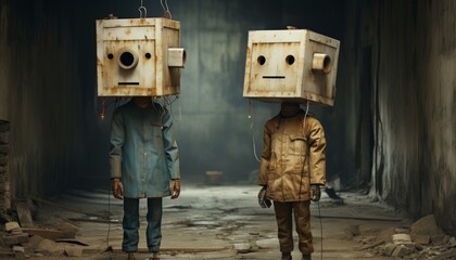 Funny people in iron boxes on their heads, chipping children and brainwashing the world's population. State control and surveillance of people. Made in AI