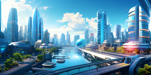 Fototapeta na wymiar high-tech city with advanced infrastructure, futeristic eco-friendly science fiction cityscape