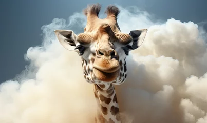 Gardinen Daytime walk of a lone giraffe in the clouds. © Andreas