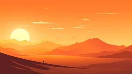 Fototapeten Vector art illustration with a mountain range and a setting sun with orange hues. AI generative art © W&S Stock