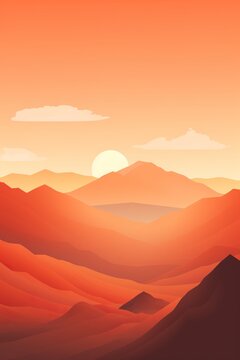 Vector art illustration with a mountain range and a setting sun with orange hues. AI generative art © W&S Stock
